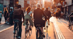 People Riding Bikes on City Street on Sunset in Copenhagen, Denmark.