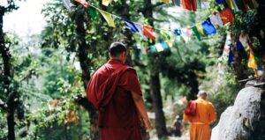 Two Monks Walking Between Trees in Dhulikhel, Nepal.